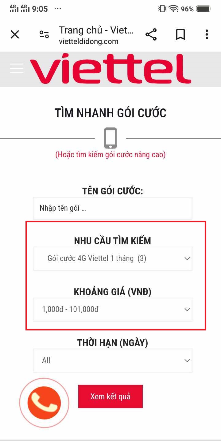 Tại ô “Nhu cầu tìm kiếm” bạn nhấn chọn “Gói cước 4G Viettel 1 tháng” sau đó tại ô “Khoảng giá” bạn nhấn chọn khoảng giá từ “1.000đ đến 101.000đ”